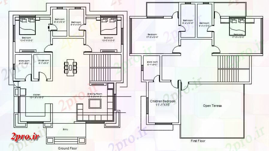 دانلود نقشه مسکونی ، ویلایی ، آپارتمان G + 1 5bhk خانه طراحی اتوکد 13 در 13 متر (کد162750)