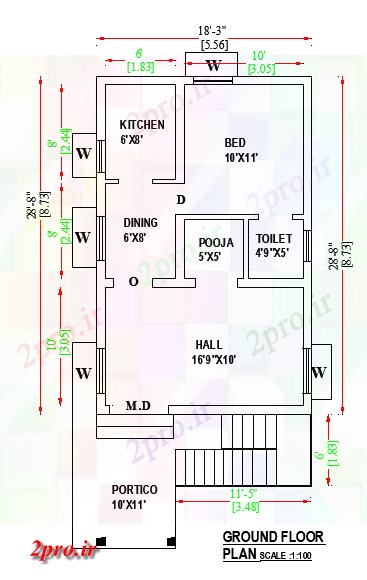 دانلود نقشه مسکونی ، ویلایی ، آپارتمان 3 X 28 'شمالی تنها BHK طرحی واحد طبقه خانه اتوکد و PDF فرمت در دسترس 5 در 10 متر (کد162799)