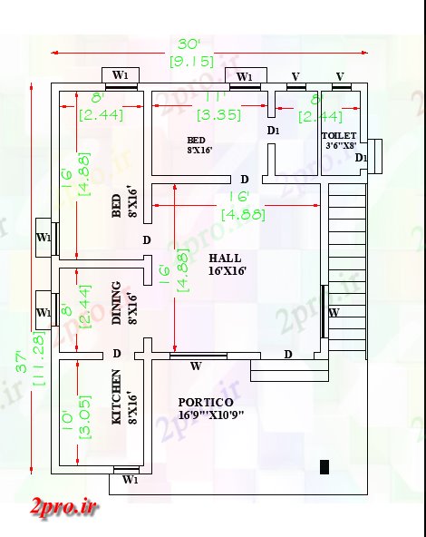 دانلود نقشه مسکونی ، ویلایی ، آپارتمان X 37 'شرق روبرو دو BHK تک طرحی طبقه خانه در دسترس اتوکد و PDF فرمت این طرحی خانه طراحی 9 در 11 متر (کد162802)