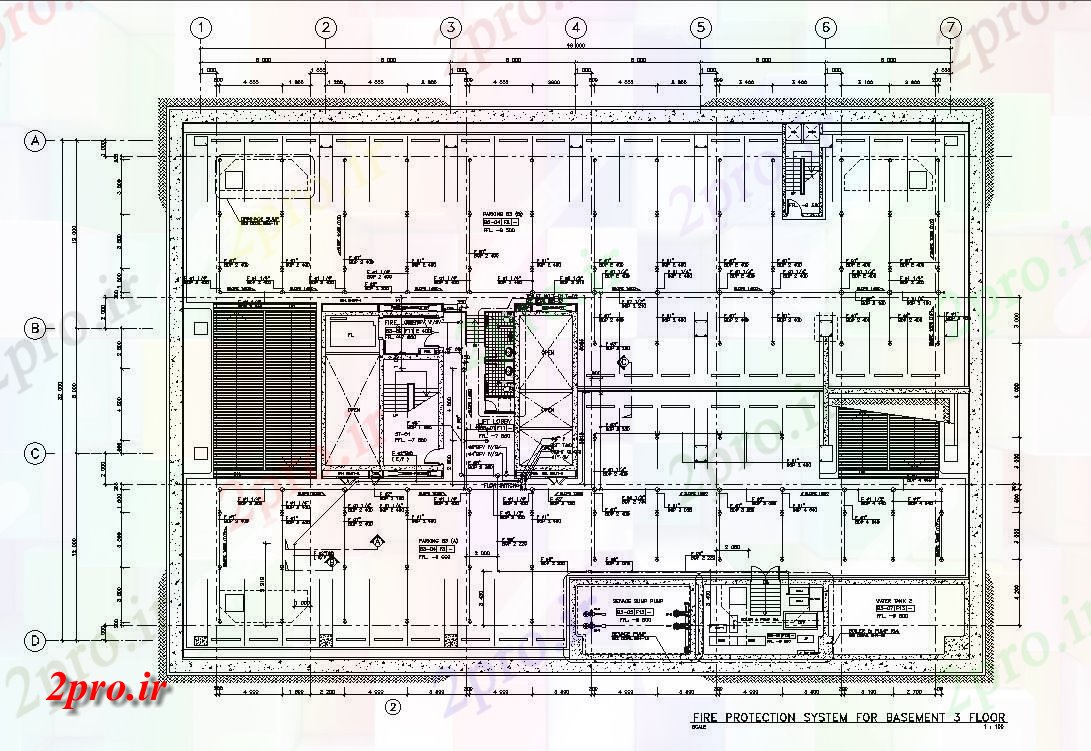 دانلود نقشه ساختمان اداری - تجاری - صنعتی این طراحی اعلام آتش سیستم محافظت برای زیرزمین طبقه سوم plan 32 در 48 متر (کد162805)