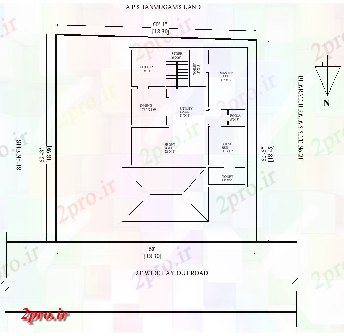 دانلود نقشه مسکونی ، ویلایی ، آپارتمان X 62 'رو به شمال 2 BHK طرحی واحد خانه دان اتوکد و PDF فرمت موجود 18 در 18 متر (کد162838)