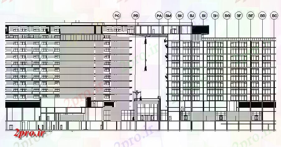 دانلود نقشه ساختمان مرتفعطراحی معماری بالا می اداری تجاری ساخت و ساز بخش و نما سمت نمونه جزئیاتی  اتوکد   طراحی   (کد162865)