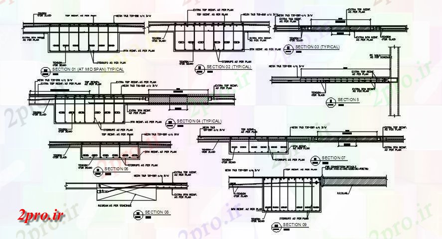 دانلود نقشه جزئیات تیر نمونه وسط دهانه و تقویت پرتو جزئیات بخش       (کد162930)