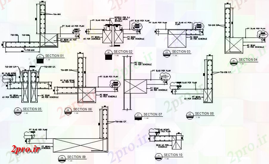 دانلود نقشه پلان مقطعی دیوار بتن مسلح، PT، و Rc برنامه دیوار پرتو جزئیات بخش های معمول         در حال حاضر (کد163083)