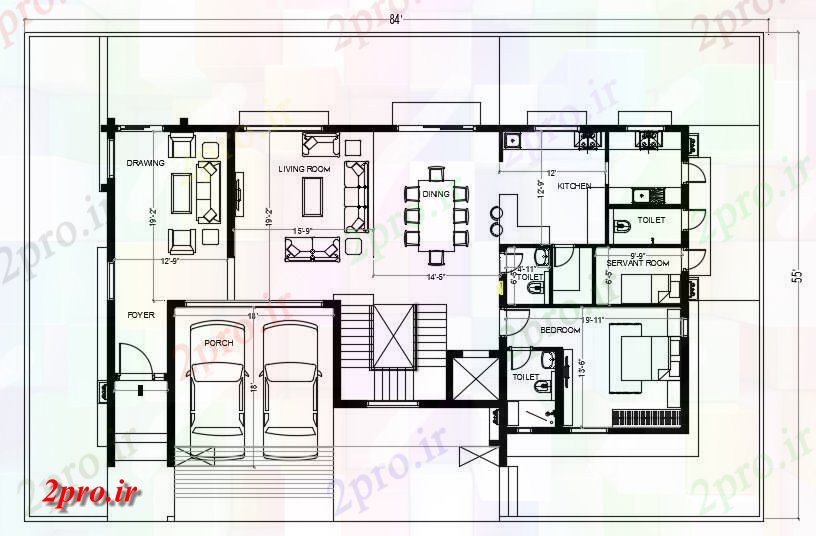 دانلود نقشه مسکونی ، ویلایی ، آپارتمان X55 'خانه طرحی با مبلمان چیدمان 16 در 24 متر (کد163129)