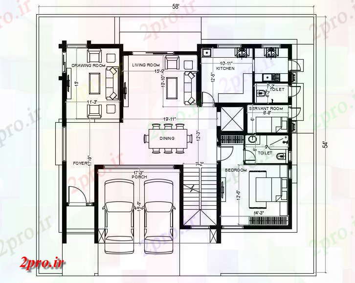 دانلود نقشه مسکونی ، ویلایی ، آپارتمان خانه مبلمان طراحی 54'X58، 16 در 17 متر (کد163140)