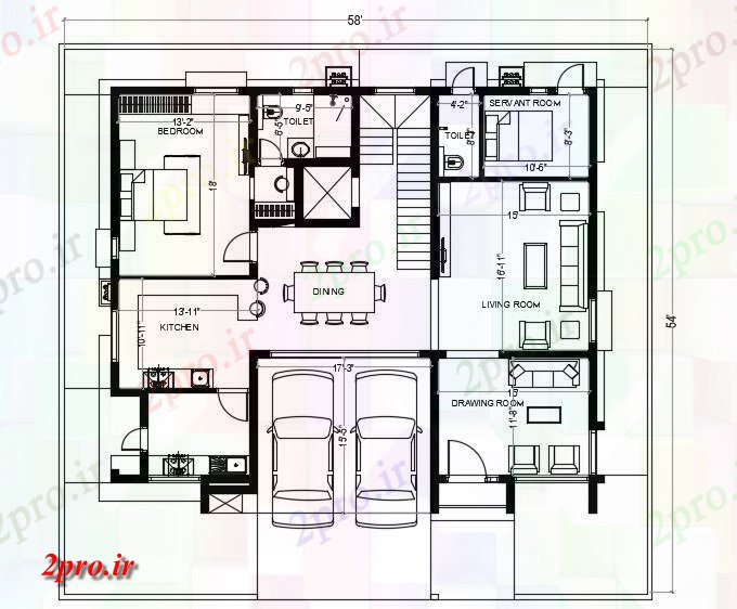 دانلود نقشه مسکونی ، ویلایی ، آپارتمان خانه طبقه همکف 54'X58، 17 در 18 متر (کد163155)