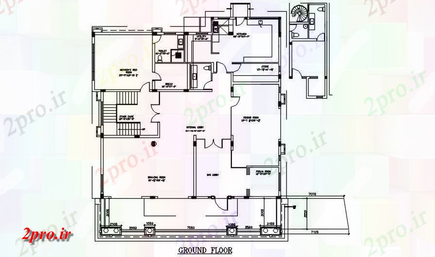 دانلود نقشه خانه های کوچک ، نگهبانی ، سازمانی - Bunglow جزئیات طبقه همکف رسم مشخص اتوکد این دو بعدی 24 در 24 متر (کد163250)