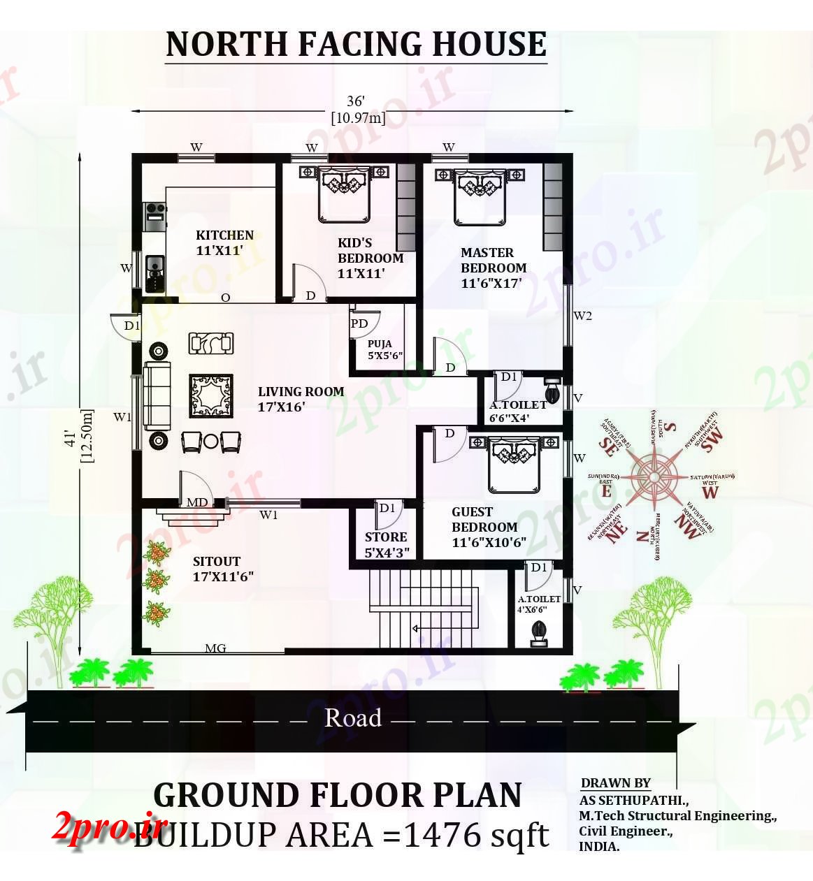 دانلود نقشه مسکونی ، ویلایی ، آپارتمان X41 'شگفت انگیز شمالی 3bhk طرحی مبلمان خانه به عنوان در هر Vastu Shastra هستند کنید 11 در 12 متر (کد163500)