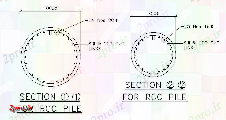 دانلود نقشه پلان مقطعی جزئیات بخش از شمع RCC  (کد163543)