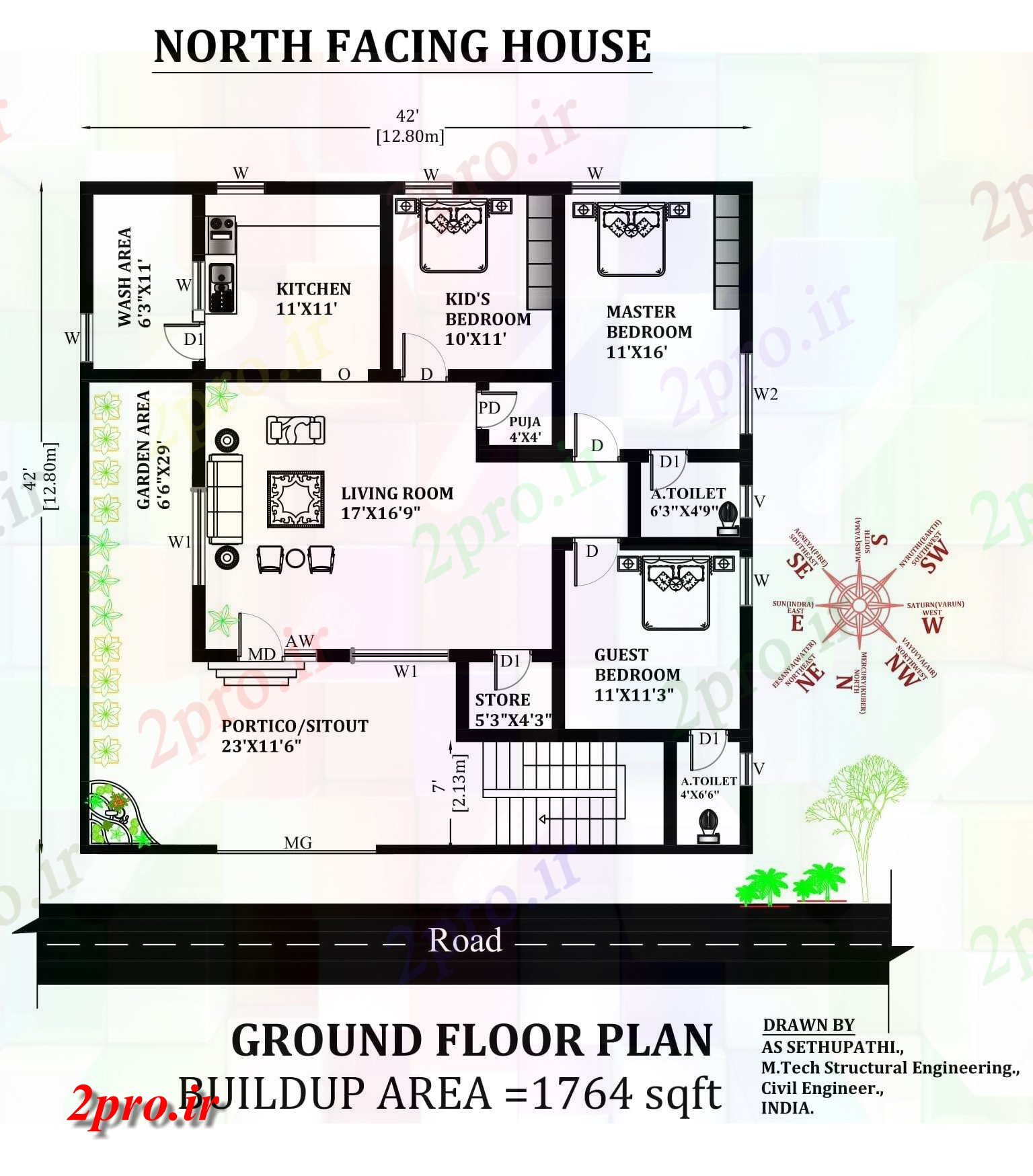 دانلود نقشه مسکونی ، ویلایی ، آپارتمان X42 'پرفکت شمالی 3bhk طرحی مبلمان خانه به عنوان در هر Vastu Shastra هستند اتوکد و PDF 12 در 12 متر (کد163559)