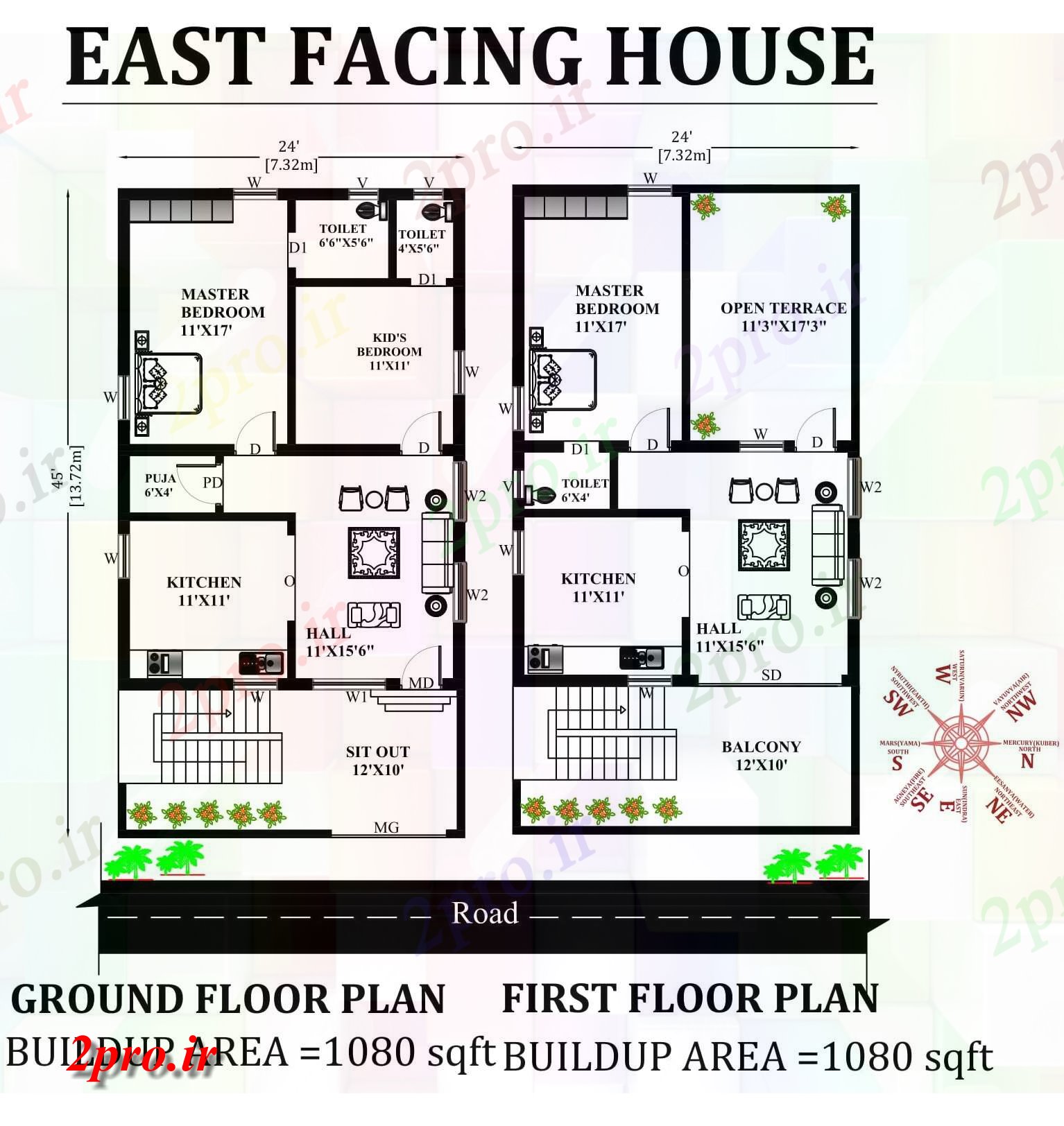 دانلود نقشه مسکونی ، ویلایی ، آپارتمان X45 شرق فوق العاده رو طرحی خانه 3bhk به عنوان در هر Vastu Shastra هستند اتوکد و PDF 7 در 13 متر (کد163605)