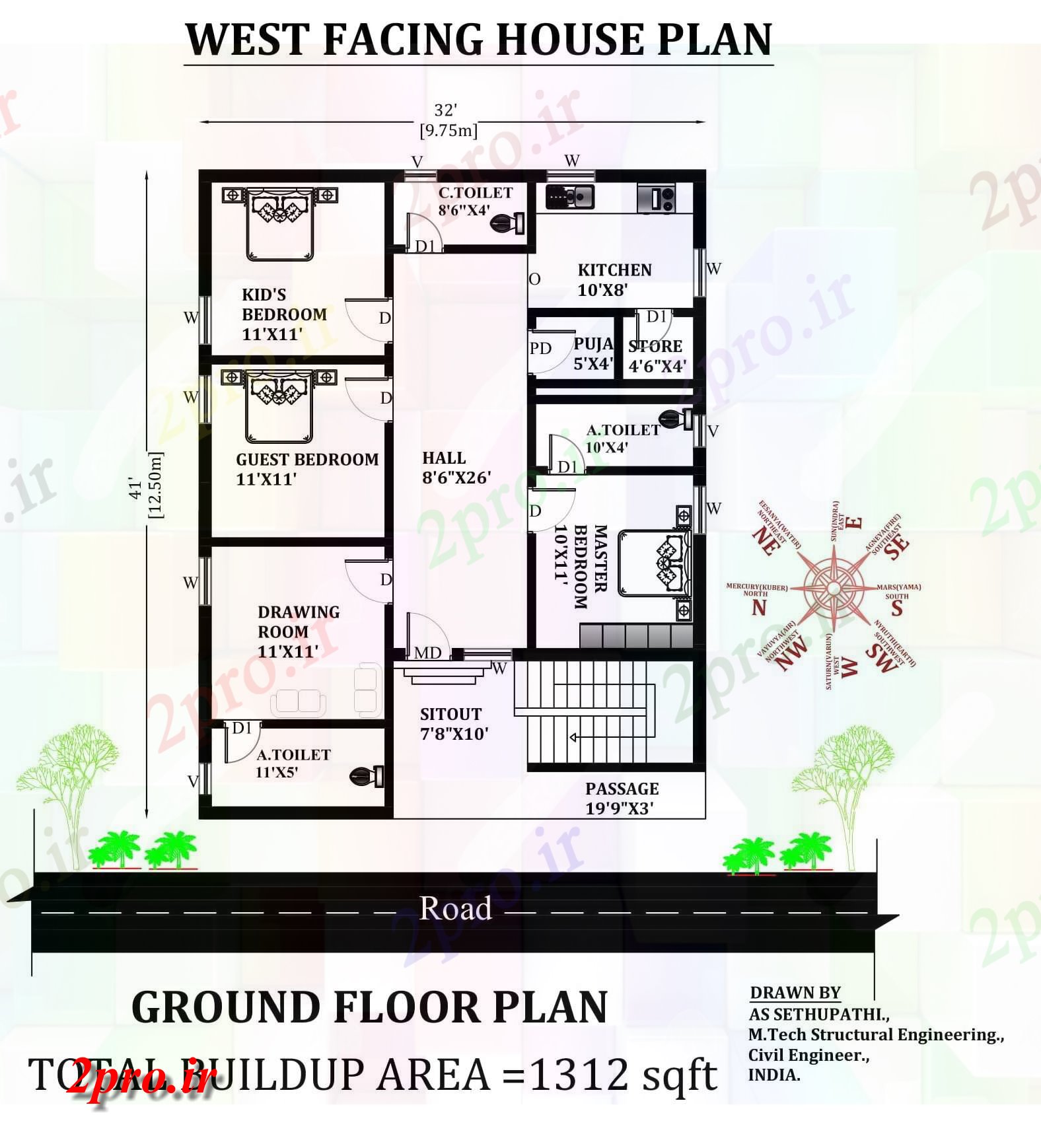 دانلود نقشه مسکونی ، ویلایی ، آپارتمان X41 غرب مواجه طرحی خانه 3bhk به عنوان در هر Vastu Shastra هستند در حال حاضر 10 در 12 متر (کد163612)