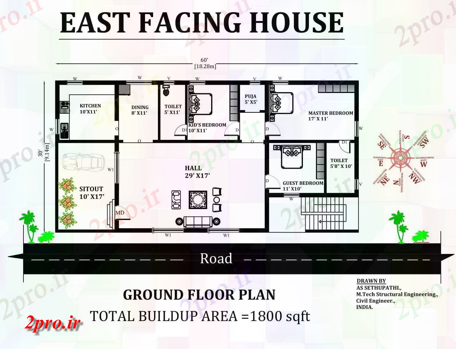 دانلود نقشه مسکونی ، ویلایی ، آپارتمان X30 شرق مواجه 3bhk طرحی خانه مبلمان به عنوان در هر Vastu را Shastra 9 در 18 متر (کد163613)