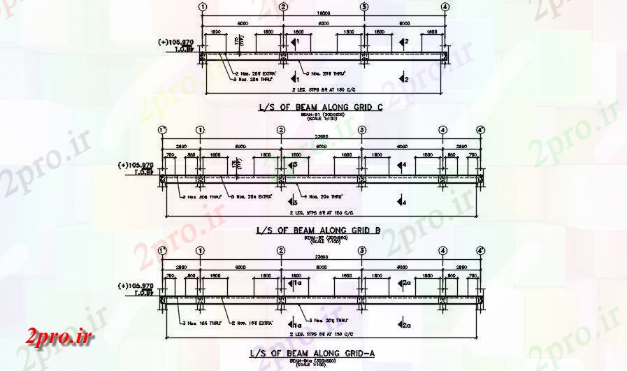 دانلود نقشه جزئیات تیر جزئیات بخش طولی پرتو در امتداد شبکه    اتوکد دو بعدی      (کد163637)