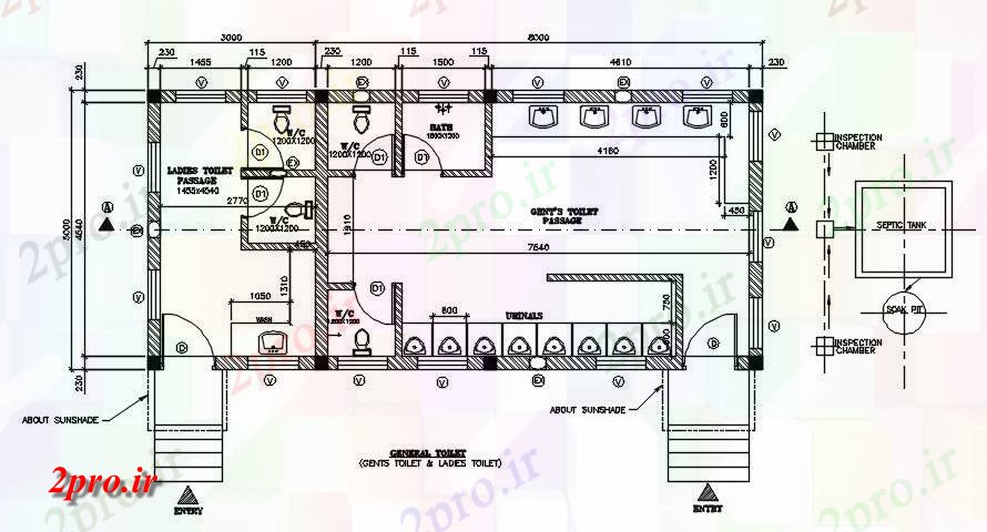 دانلود نقشه پلان مقطعی بخش و نما جزئیات طرحی توالت عمومی در          (کد163645)