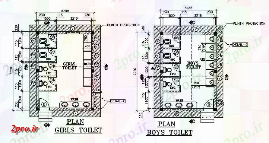 دانلود نقشه دانشگاه ، آموزشکده ، مدرسه ، هنرستان ، خوابگاه - طرحی از ساختمان مدرسه جزئیات توالت اتوکد دو بعدی 5 در 7 متر (کد163705)