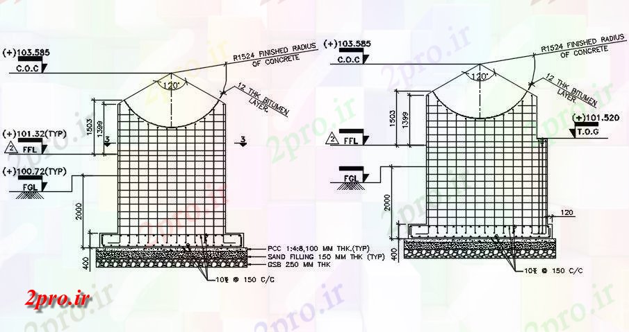 دانلود نقشه طراحی جزئیات ساختار جزئیات تقویت بنیاد تصفیه آب مخزن   دو بعدی  (کد163715)