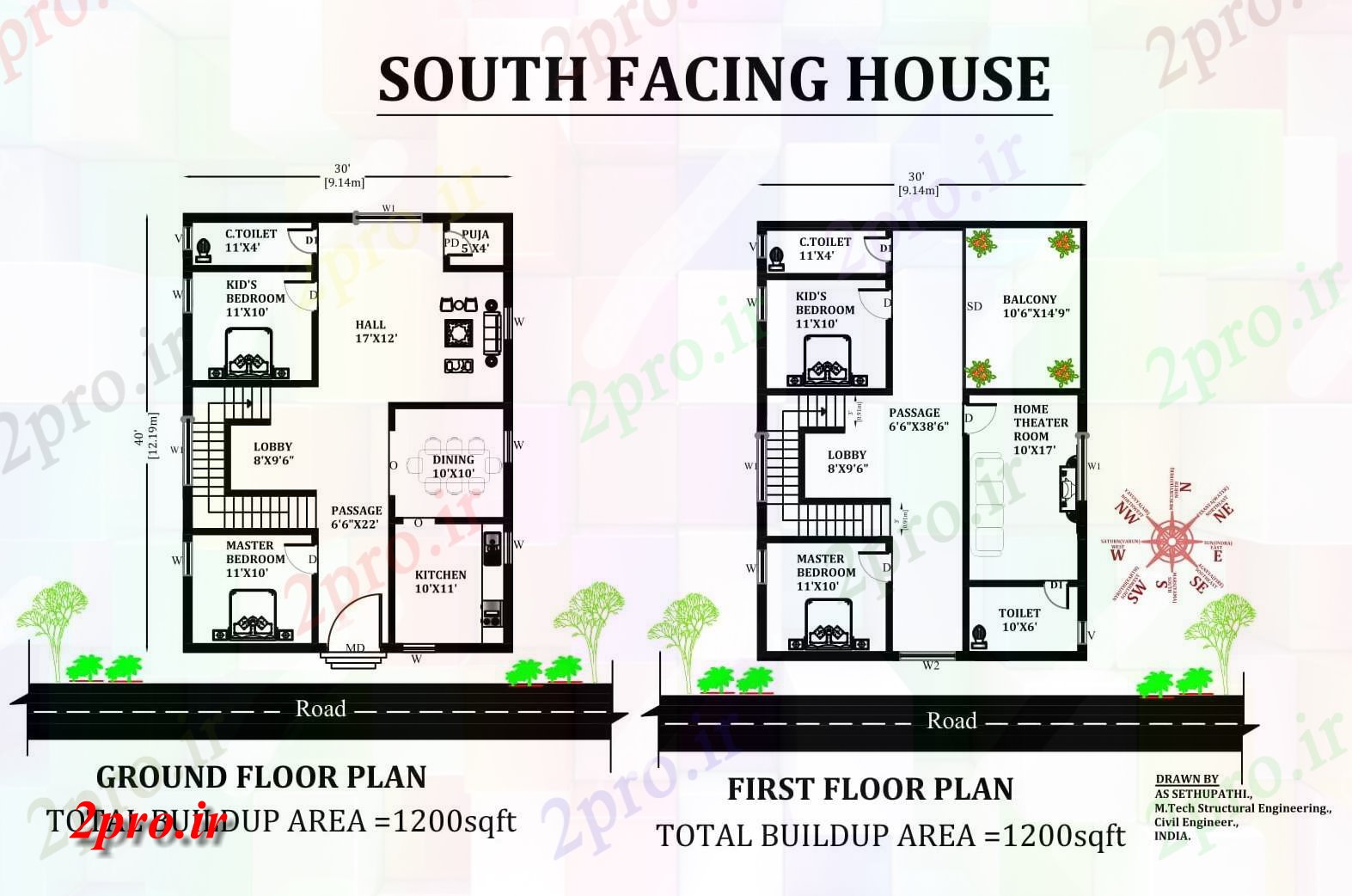 دانلود نقشه مسکونی ، ویلایی ، آپارتمان X40، جنوبی، رو طرحی خانه 4bhk به عنوان در هر Vastu Shastra هستند اتوکد و PDF 9 در 12 متر (کد163723)