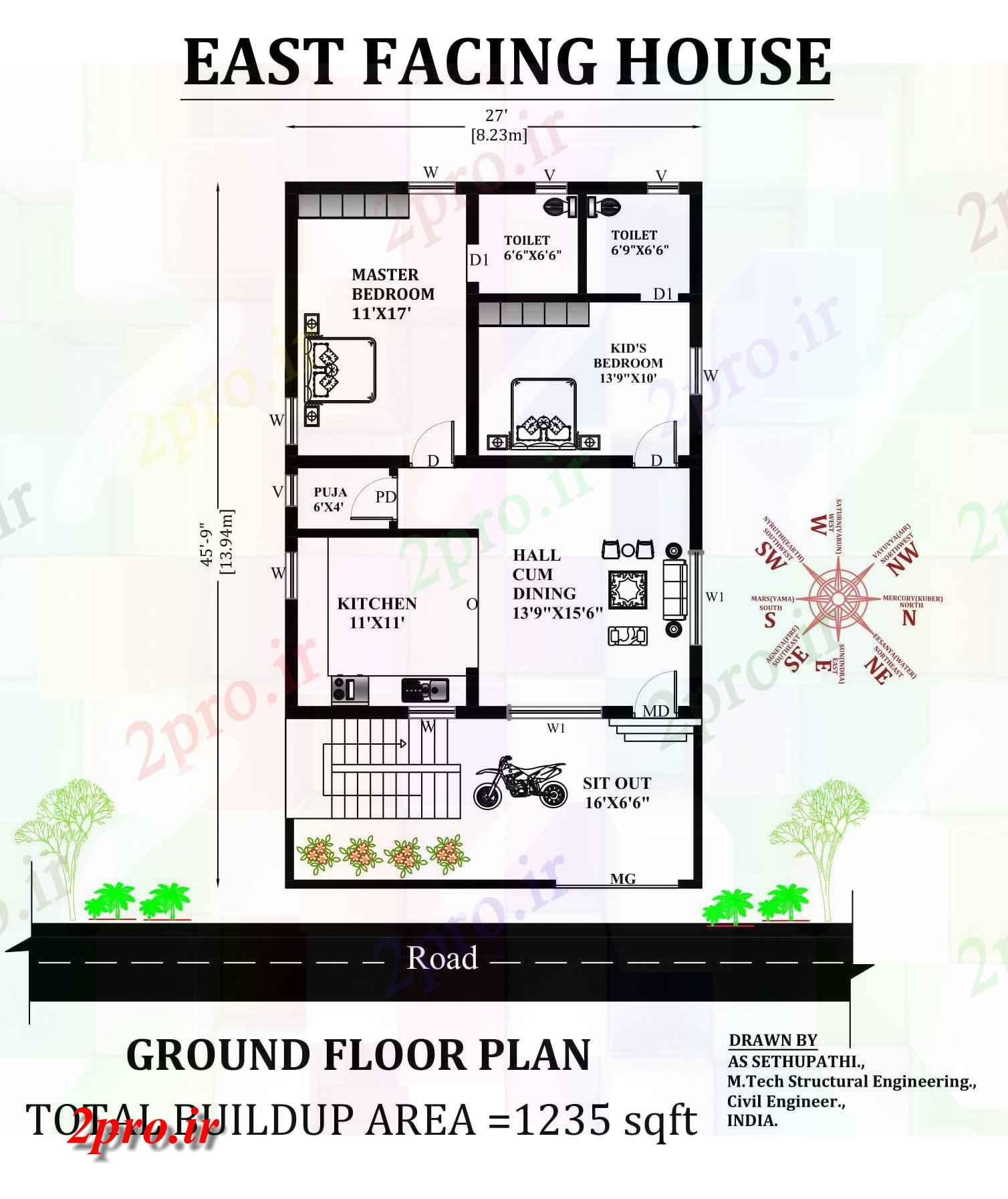 دانلود نقشه مسکونی ، ویلایی ، آپارتمان X45'9 شرق مواجه طرحی خانه 2bhk به عنوان در هر Vastu Shastra هستند اتوکد و PDF 9 در 13 متر (کد163724)