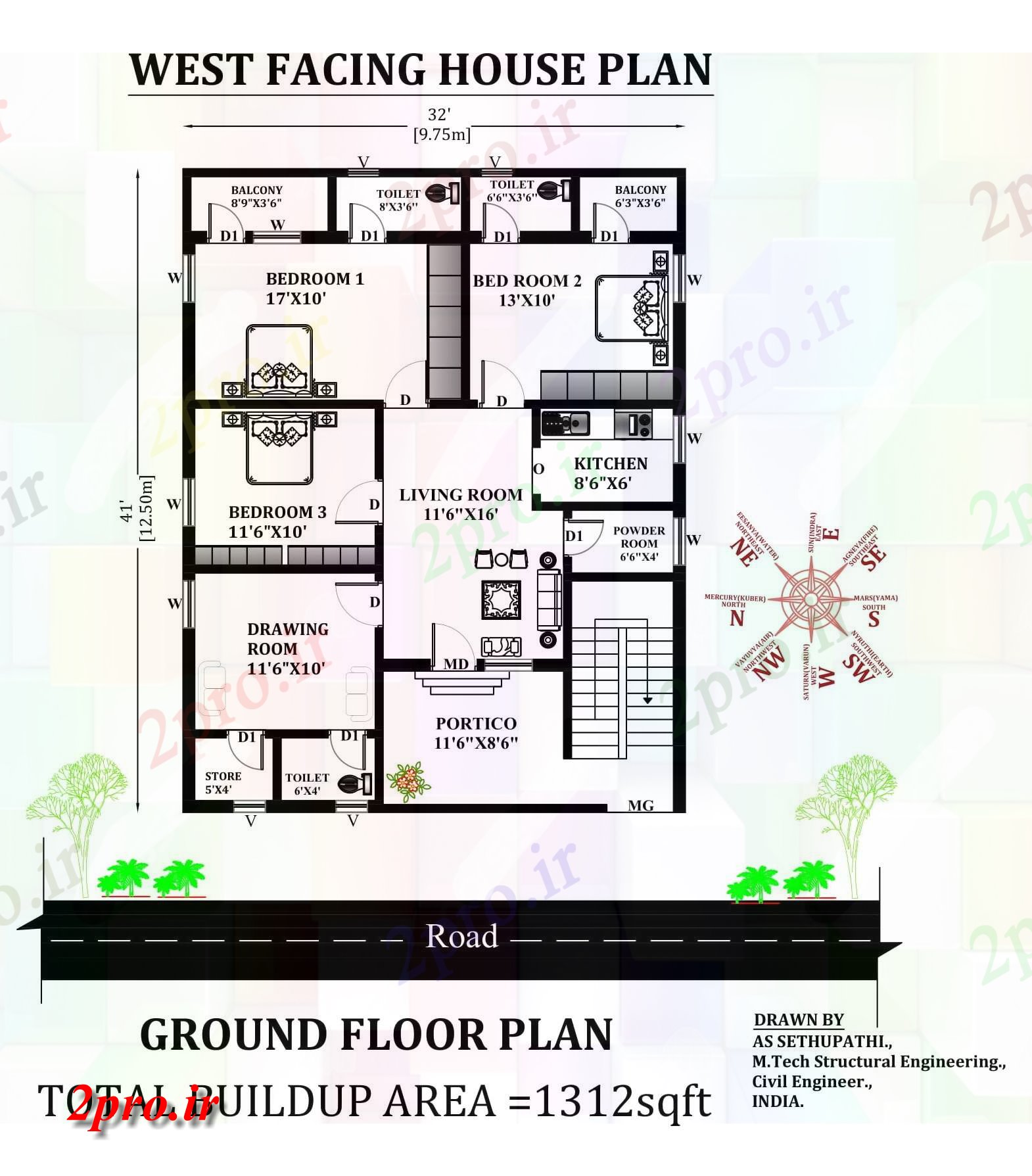 دانلود نقشه مسکونی ، ویلایی ، آپارتمان X41 غرب مواجه طرحی خانه 3bhk به عنوان در هر Vastu Shastra هستند اتوکد و های PDF 9 در 12 متر (کد163725)