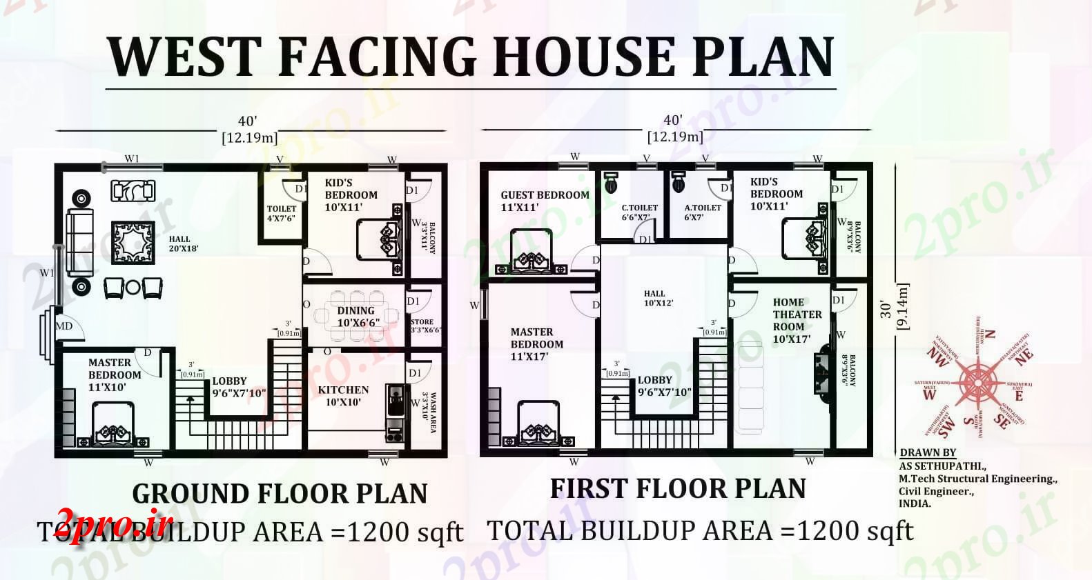 دانلود نقشه مسکونی ، ویلایی ، آپارتمان X30 غرب مواجه طرحی خانه دوبلکس 5bhk با مبلمان به عنوان در هر Vastu را Shastra اتوکد و های PDF 9 در 12 متر (کد163745)