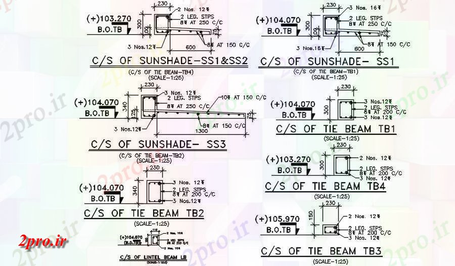دانلود نقشه جزئیات تیر  سطح مقطع پرتو کراوات و جزئیات سایبان     اتوکد         (کد163763)