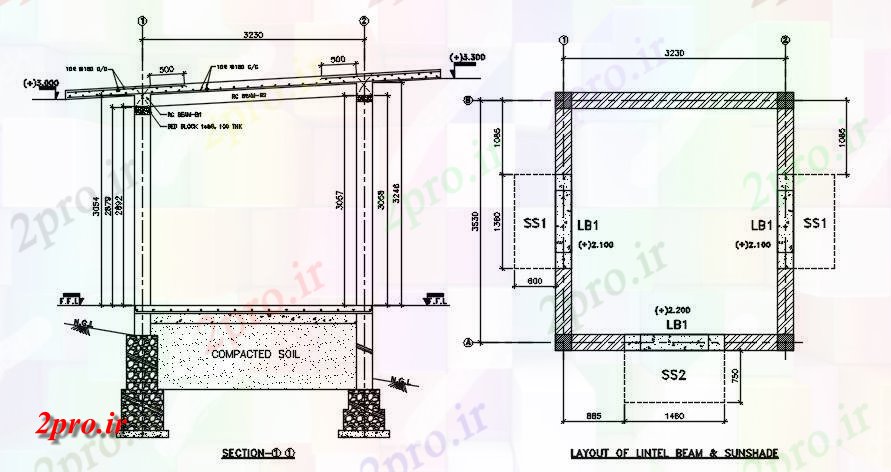 دانلود نقشه جزئیات تیر جزئیات RCC رسم دال و طرحی از پرتو سردر و سایبان در   دو بعدی          (کد163797)