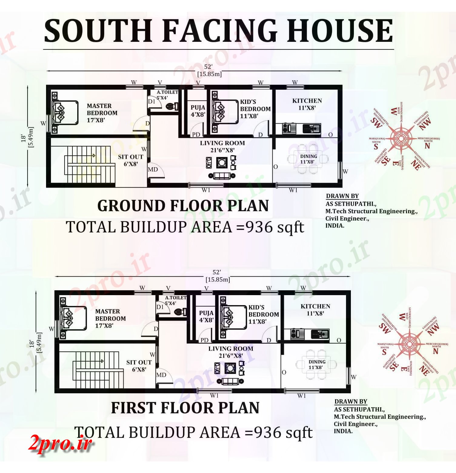 دانلود نقشه مسکونی ، ویلایی ، آپارتمان X18'South مواجه 4bhk خانه Vastu را plan حالا 5 در 15 متر (کد163835)