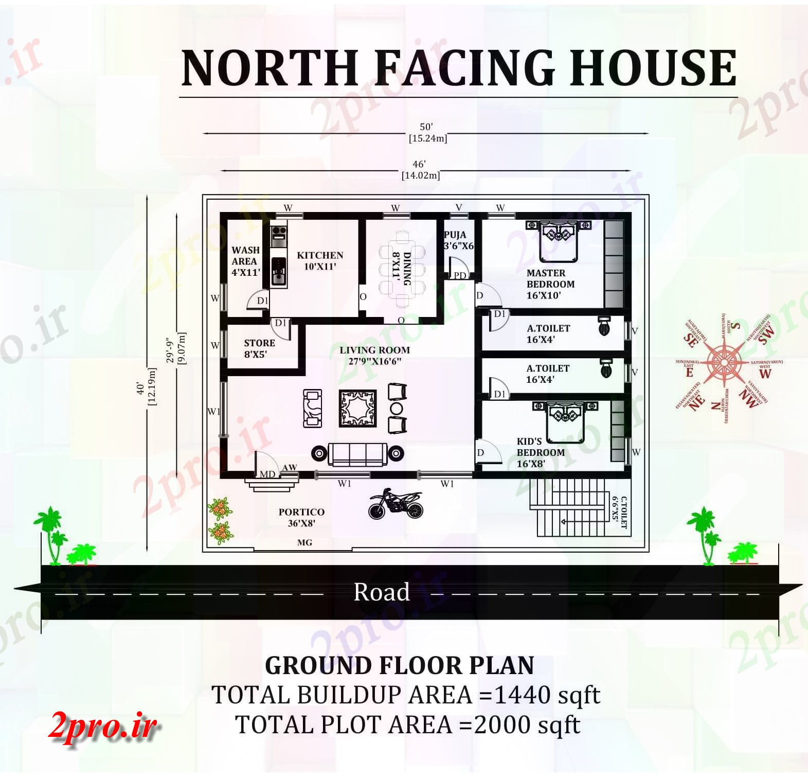 دانلود نقشه مسکونی ، ویلایی ، آپارتمان X40، شمالی 2bhk Vastu Shastra هستند خانه plan 12 در 15 متر (کد163892)