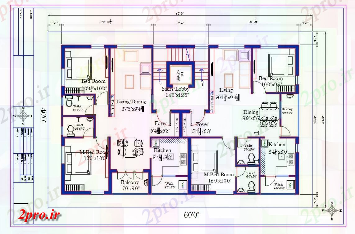 دانلود نقشه مسکونی  ، ویلایی ، آپارتمان  'X60 اقامت 2 BHK آپارتمان   طرح (کد163907)