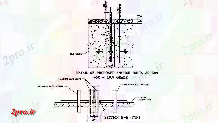 دانلود نقشه جزئیات پایه  بخش از اصلاح برای پیچ و مهره بنیاد آسیب دیده           (کد163944)