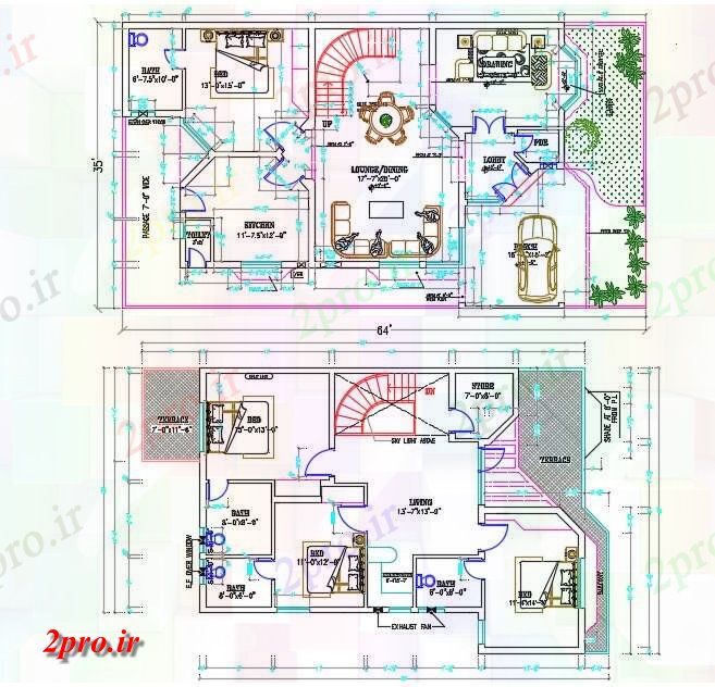 دانلود نقشه مسکونی ، ویلایی ، آپارتمان معماری 4 اتاق های خواب مبلمان خانه طرحی 35'X64 ' 10 در 19 متر (کد164090)