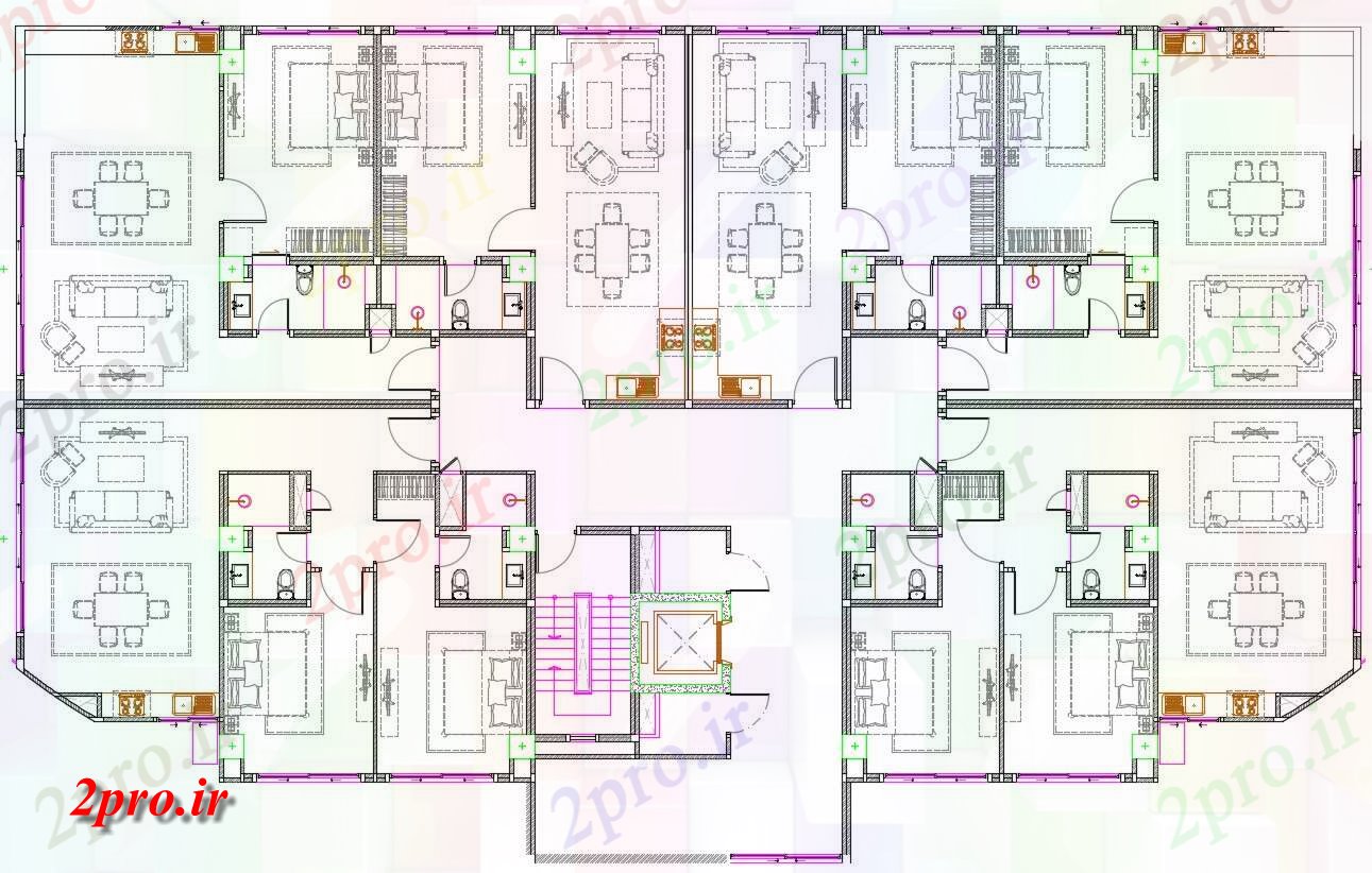 دانلود نقشه مسکونی  ، ویلایی ، آپارتمان  BHK و 2 BHK آپارتمان   طرحی با مبلمان چیدمان نشیمن  (کد164093)