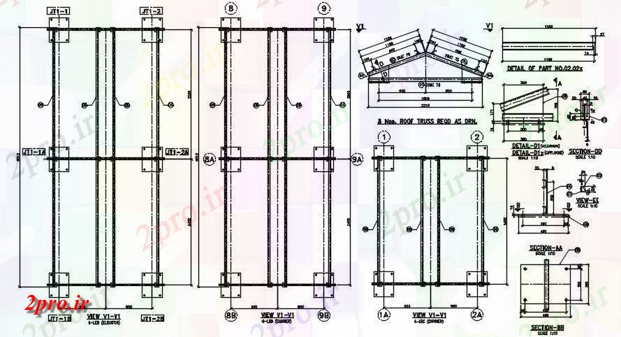 دانلود نقشه پلان مقطعی  بخش از گیاه اصلی سقف خرپا برای جزئیات حمل و آسانسور     اتوکد WG          (کد164107)