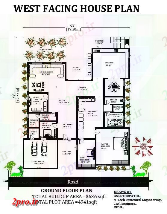 دانلود نقشه مسکونی ، ویلایی ، آپارتمان X78 غرب مواجه طرحی خانه های لوکس 3bhk به عنوان در هر Vastu Shastra هستند 19 در 23 متر (کد164137)