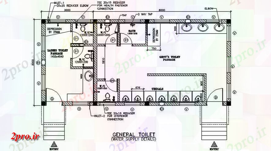 دانلود نقشه سرویس بهداشتی - دستشویی جزئیات تامین آب از توالت عمومی طراحی  (کد164284)