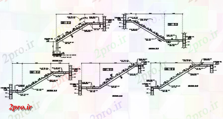 دانلود نقشه جزئیات پله و راه پله   بتنی پله مقطع آرماتور نشیمن  (کد164401)