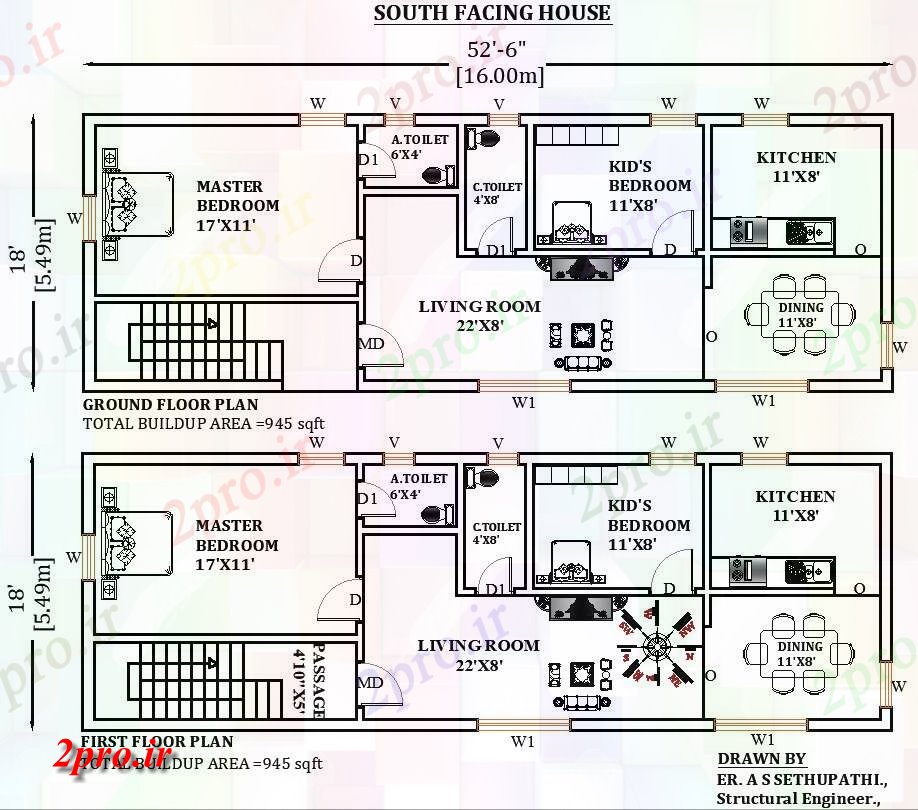 دانلود نقشه مسکونی ، ویلایی ، آپارتمان 6 X18 جنوبی، رو طرحی خانه Vastu را اتوکد و PDF 5 در 15 متر (کد164577)
