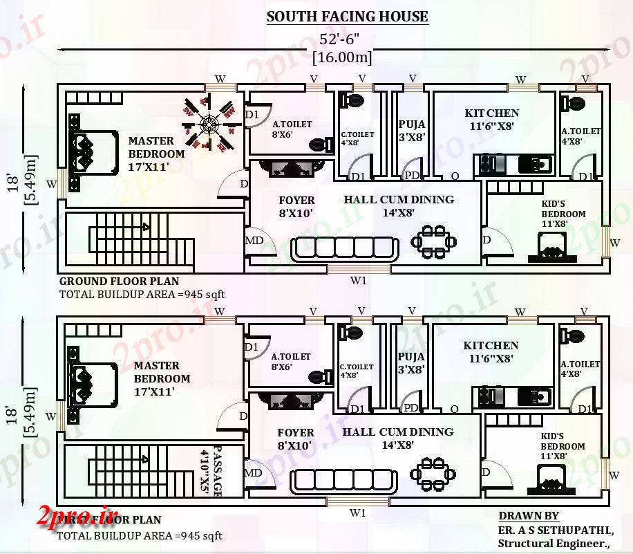 دانلود نقشه مسکونی ، ویلایی ، آپارتمان 6 X18 شمالی Vastu Shastra هستند طرحی خانه طراحی، اتوکد و PDF 5 در 15 متر (کد164578)
