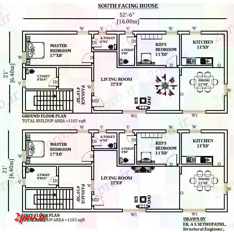 دانلود نقشه مسکونی ، ویلایی ، آپارتمان 6 X21 جنوبی، رو طرحی خانه به عنوان در هر Vastu را، اتوکد و PDF 6 در 15 متر (کد164580)