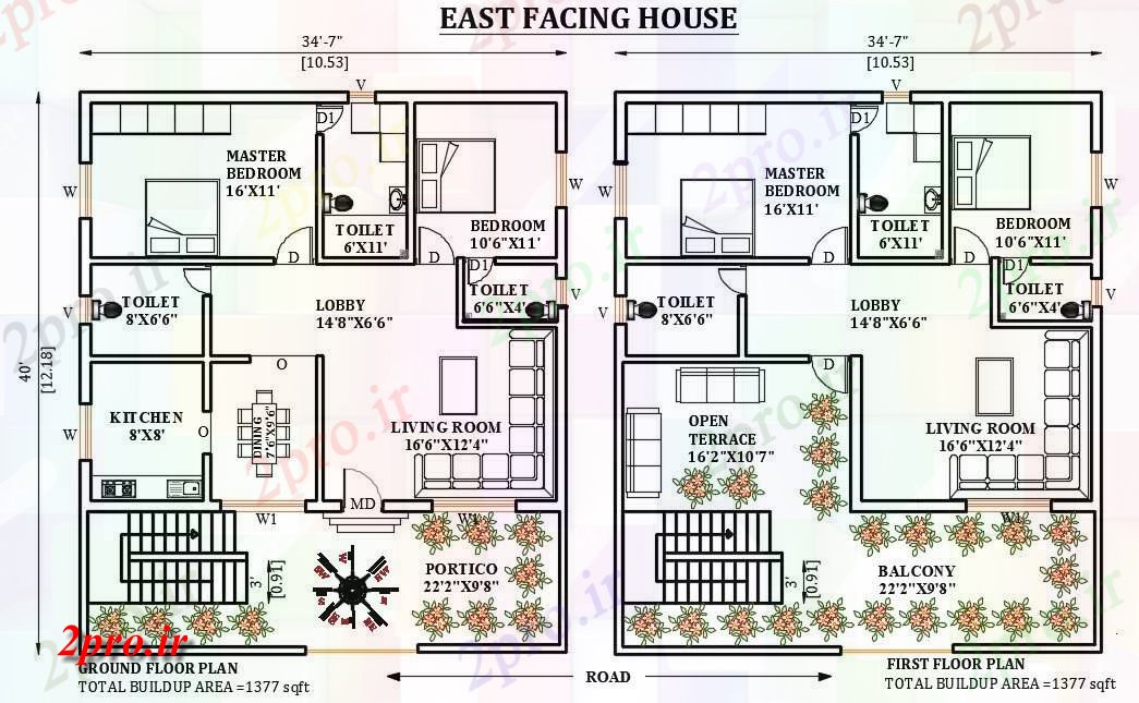 دانلود نقشه مسکونی ، ویلایی ، آپارتمان X40 شرق مواجه طرحی خانه 2bhk به عنوان در هر Vastu را Shastra حالا 10 در 11 متر (کد164584)