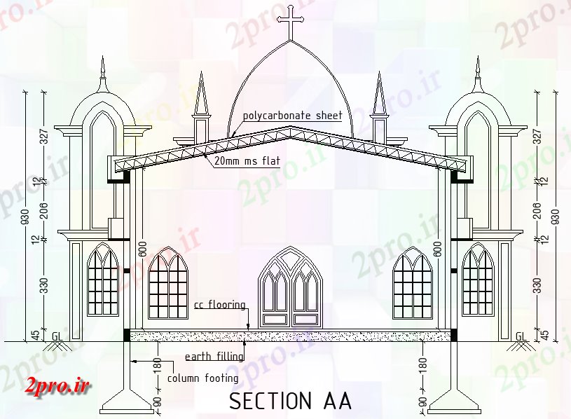 دانلود نقشه کلیسا - معبد - مکان مذهبی دیدگاه بخش از جزئیات کلیسا   مدل  دو بعدی            (کد164844)