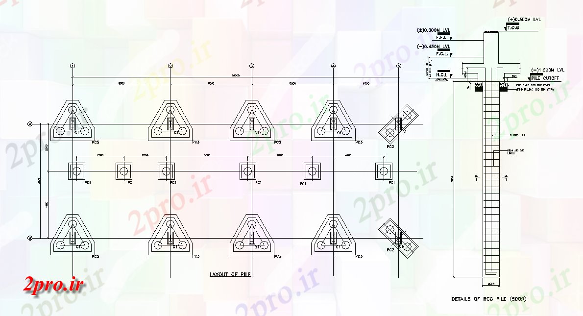 دانلود نقشه طراحی اتوکد پایه طرحی از پایه شمع و جزئیات از شمع RCC   Auot  (کد165030)