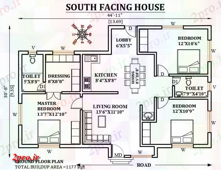 دانلود نقشه مسکونی ، ویلایی ، آپارتمان X30 جنوبی، رو طرحی خانه اتوکد 9 در 13 متر (کد165045)