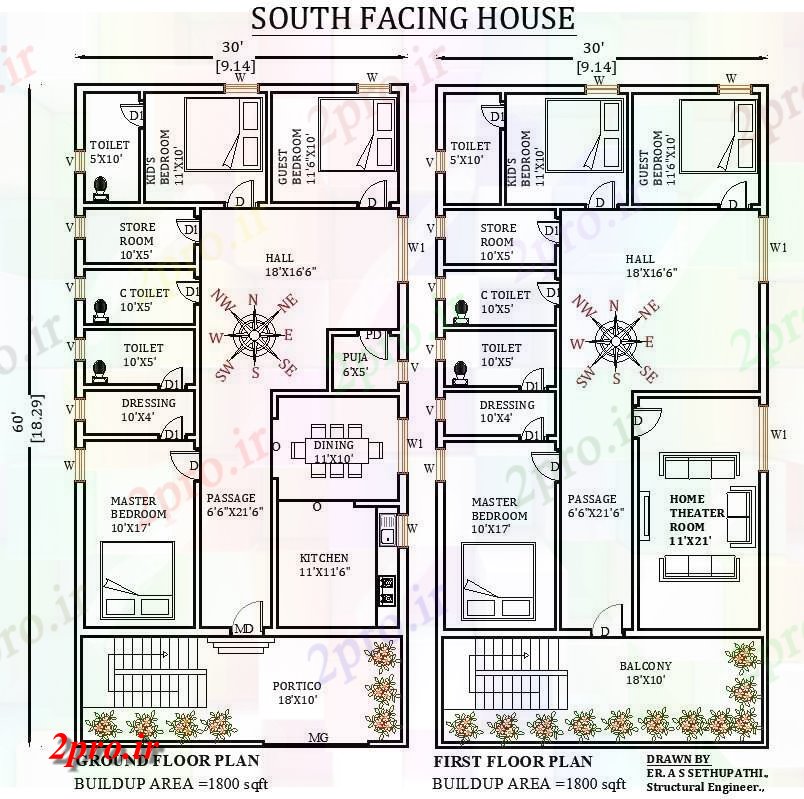 دانلود نقشه مسکونی ، ویلایی ، آپارتمان X60، جنوبی، رو 6bhk طرحی G + 1Ghar به عنوان در هر Vastu را در حال حاضر 8 در 18 متر (کد165046)