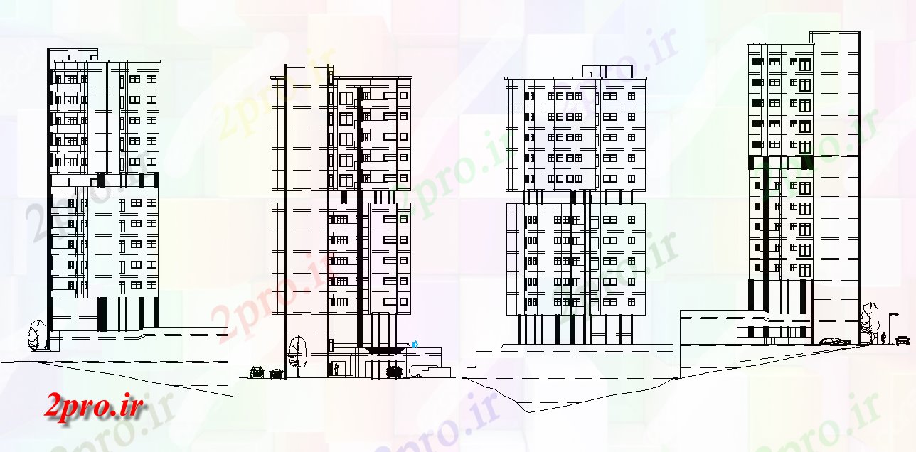 دانلود نقشه مسکونی ، ویلایی ، آپارتمان نما از جزئیات ساختمان 10 طبقه که اتوکد 21 در 24 متر (کد165087)