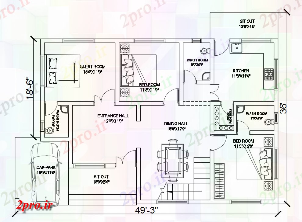 دانلود نقشه مسکونی ، ویلایی ، آپارتمان طرحی بندی طرحی معماری 3 BHK خانه نشیمن 50'X36، 11 در 14 متر (کد165231)