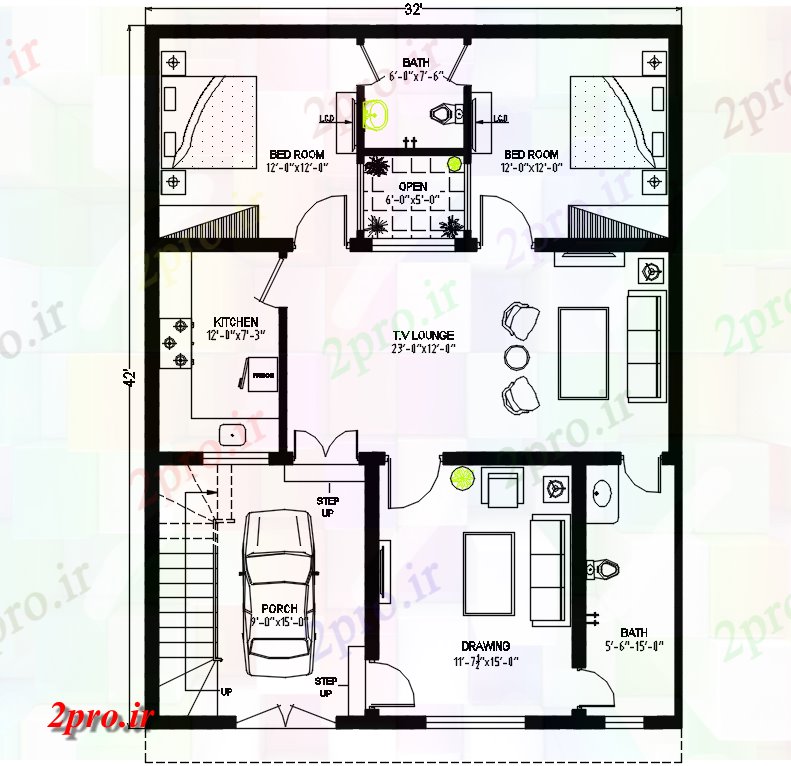 دانلود نقشه مسکونی ، ویلایی ، آپارتمان معماری خانه طرحی بندی 32'X42، 9 در 12 متر (کد165240)