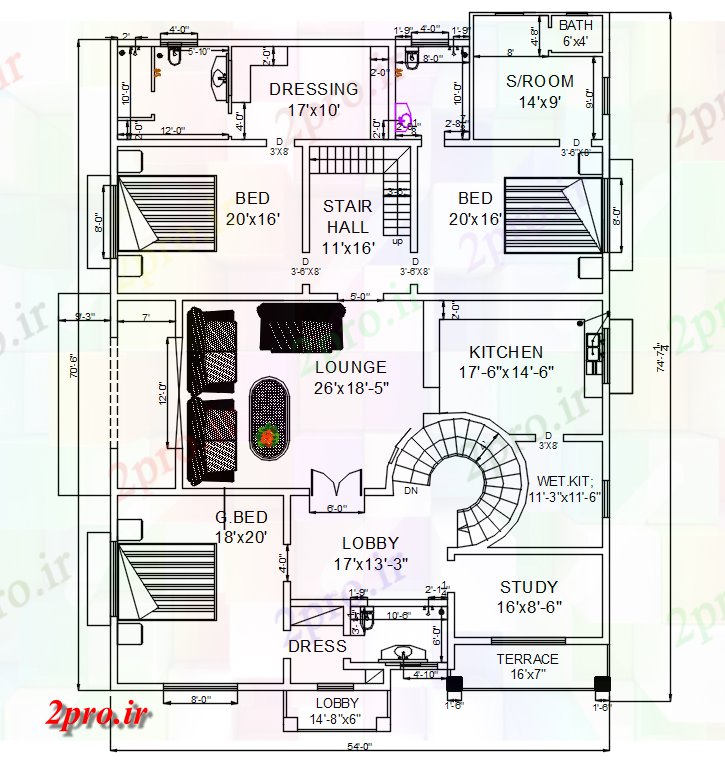دانلود نقشه مسکونی ، ویلایی ، آپارتمان مجلس 54'X74، 16 در 21 متر (کد165241)